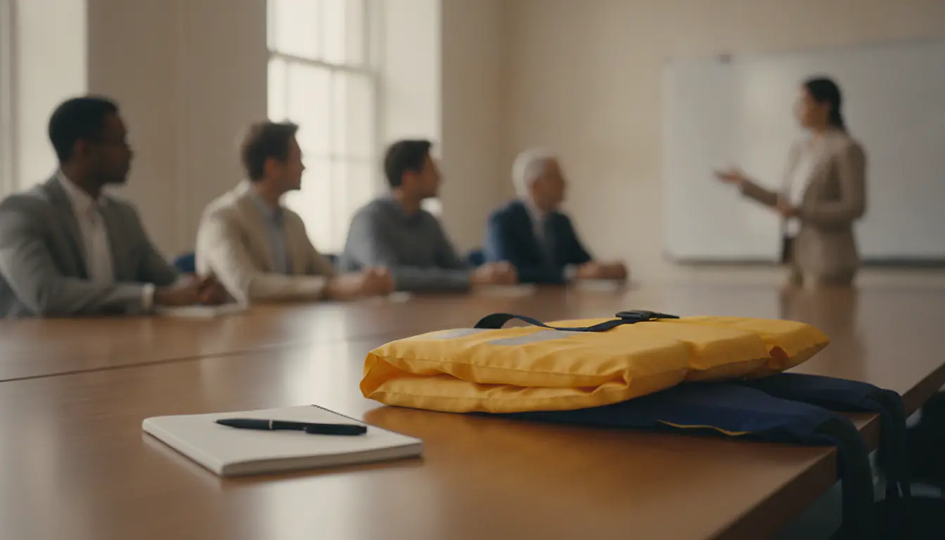 Stagiaires adultes écoutant une formatrice en salle de cours, avec un carnet et un gilet de sauvetage sur la table
