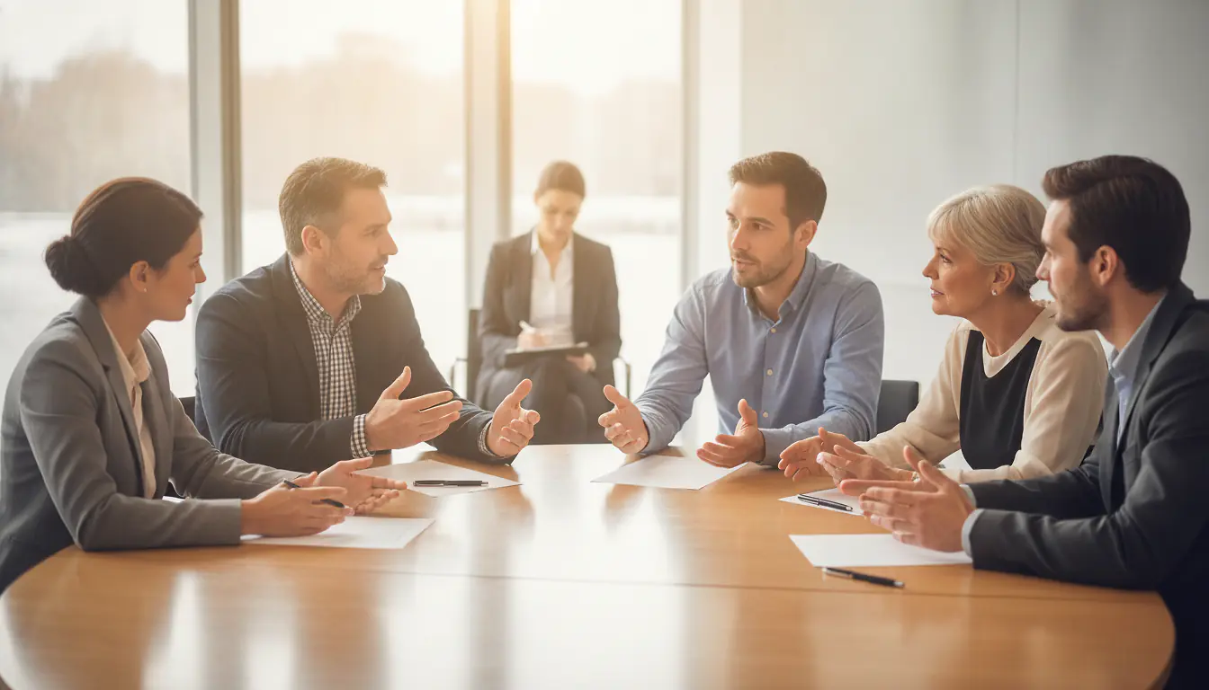 Cinq candidats en tenue sobre discutent autour d'une table ronde pendant qu'une recruteuse prend des notes en retrait