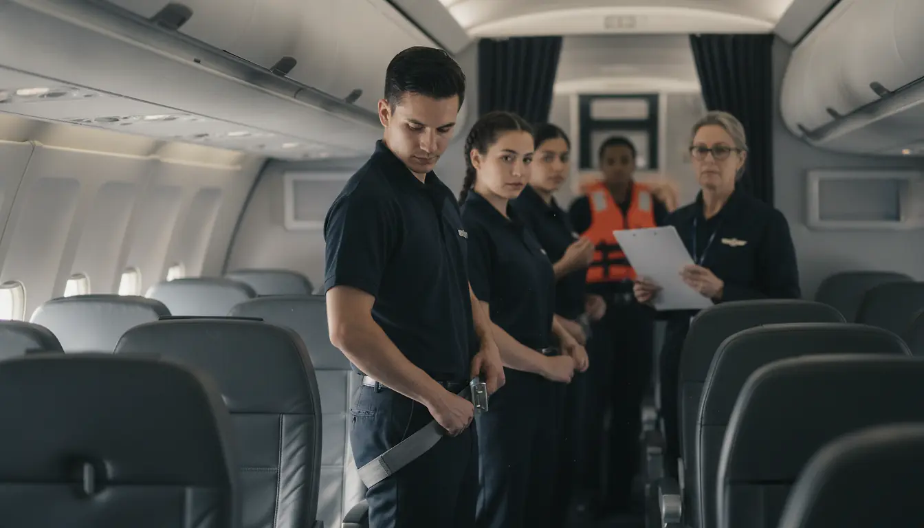 Stagiaires PNC en uniforme neutre s'exerçant à une démonstration de sécurité dans une maquette de cabine, observés par une formatrice