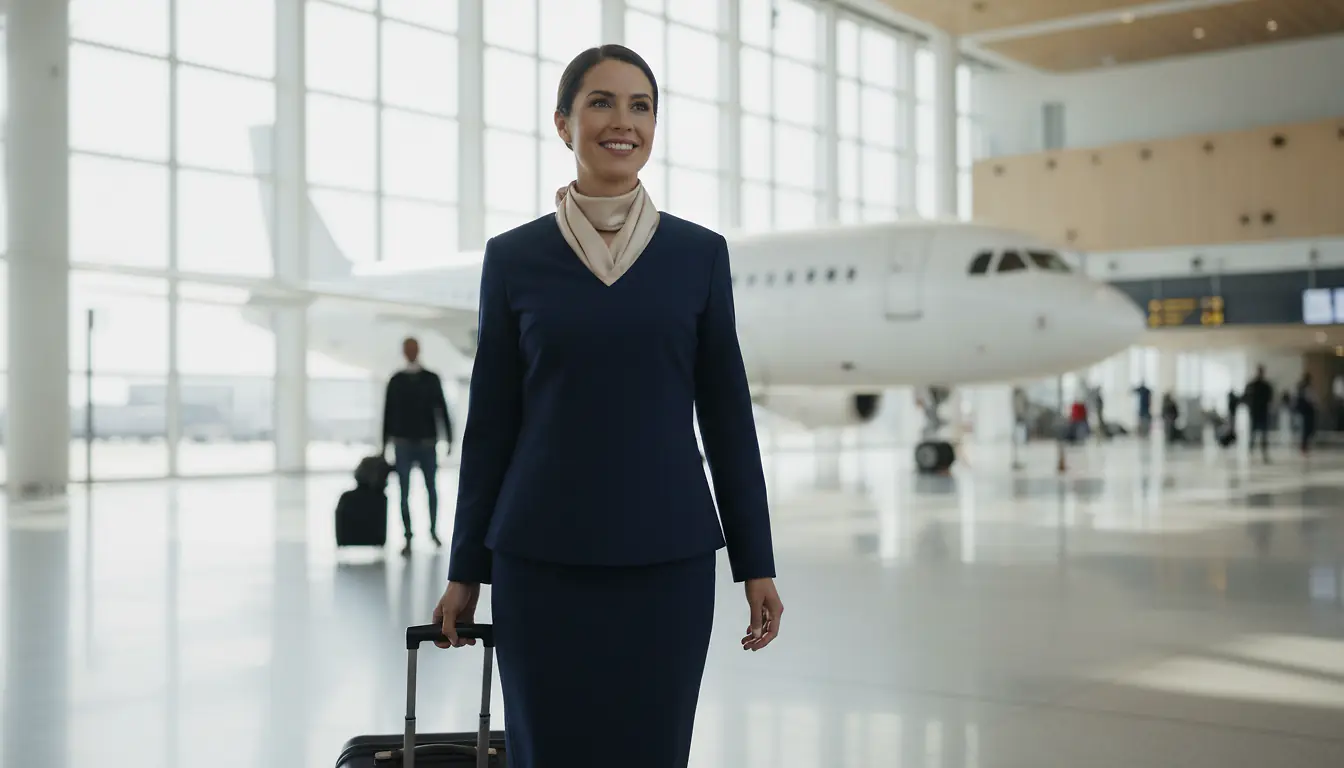 Hôtesse de l'air souriante en uniforme bleu marine tirant une valise cabine dans le hall lumineux d'un aéroport, avion blanc visible derrière la baie vitrée