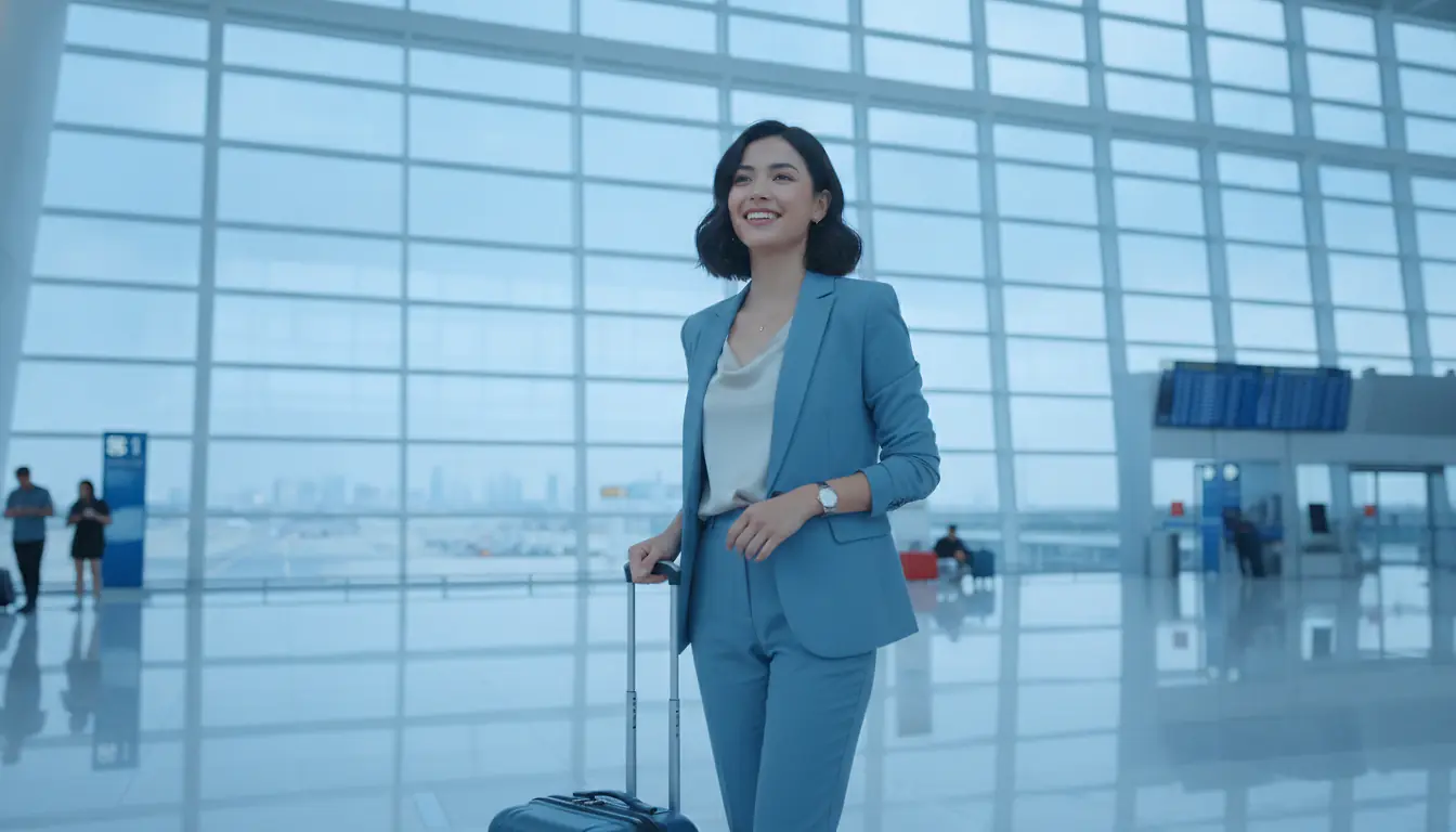 Future PNC avec sa valise dans un hall d'aéroport lumineux